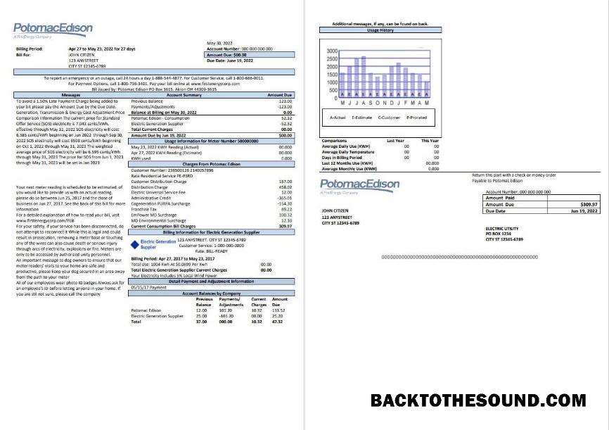 Düzenlenebilir İndir ABD Maryland Potomac Edison Fatura Fatura, Word and PDF Şablon, 2 pages Örnek