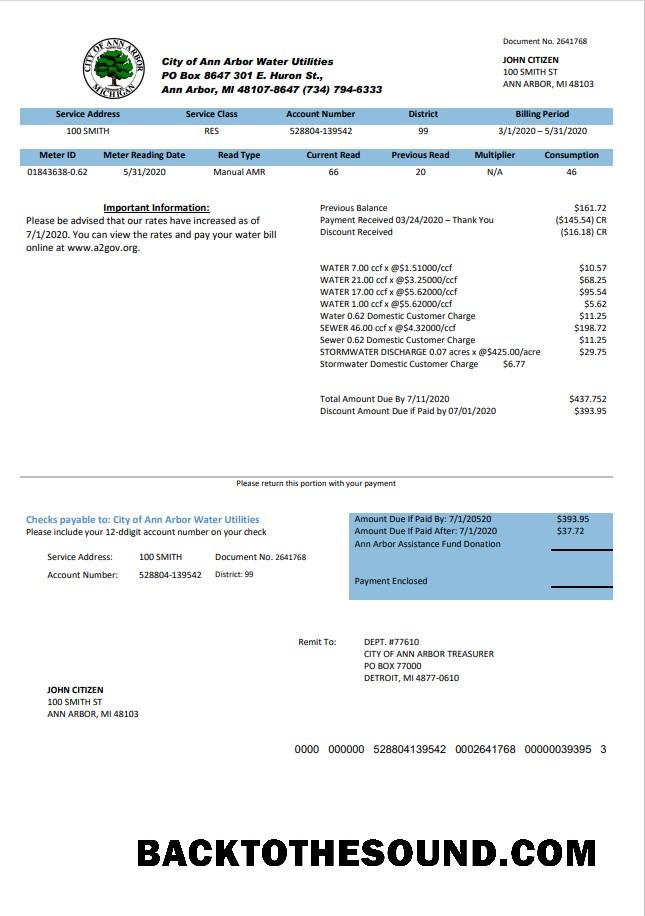 İndir ABD Michigan City of Ann Arbor Su Utilities Fatura in Word and PDF Format Örnek şablon