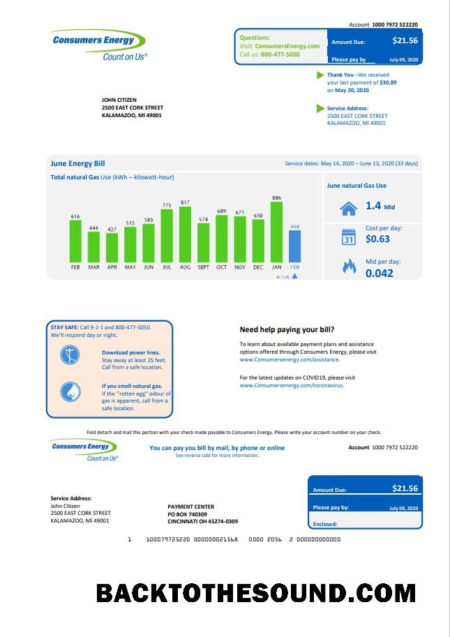 İndir ABD Michigan Consumers Energy Fatura Fatura in Word and PDF Format Örnek örnek