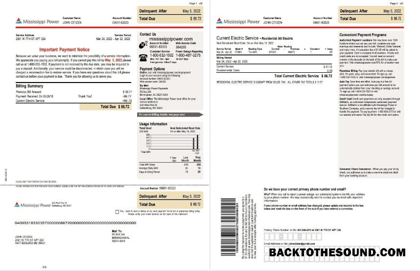 Yüksek Kalite İndir ABD Mississippi Power Fatura Fatura, Word and PDF Şablon, 2 pages Örnek