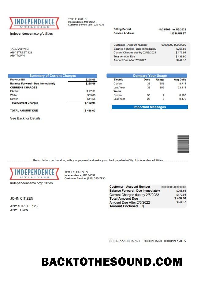 İndir ABD Missouri Independence Utilities Fatura Fatura in Word and PDF Format Örnek ön izleme