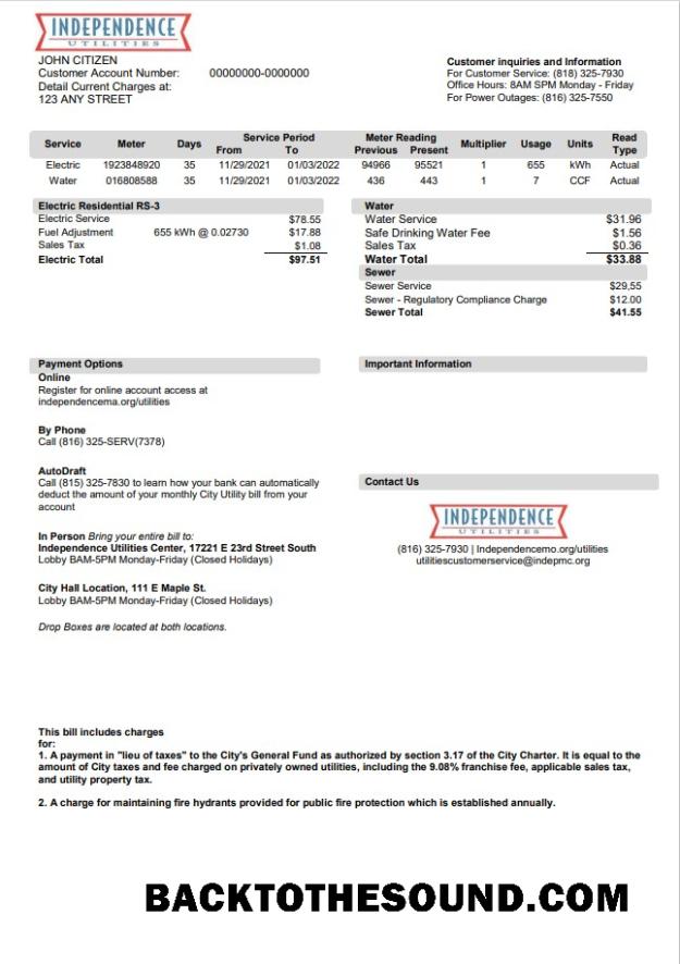 İndir ABD Missouri Independence Utilities Fatura Fatura in Word and PDF Format, Sürüm 2 Örnek taslak
