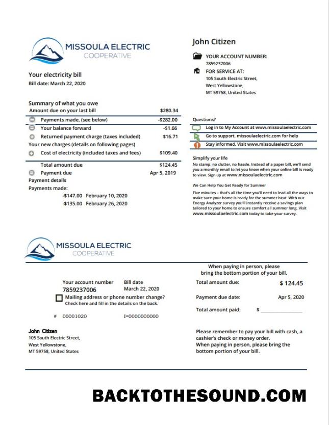 İndir ABD Montana Missoula Electric Cooperative Elektrik Fatura Fatura in Word and PDF Format Örnek ön izleme