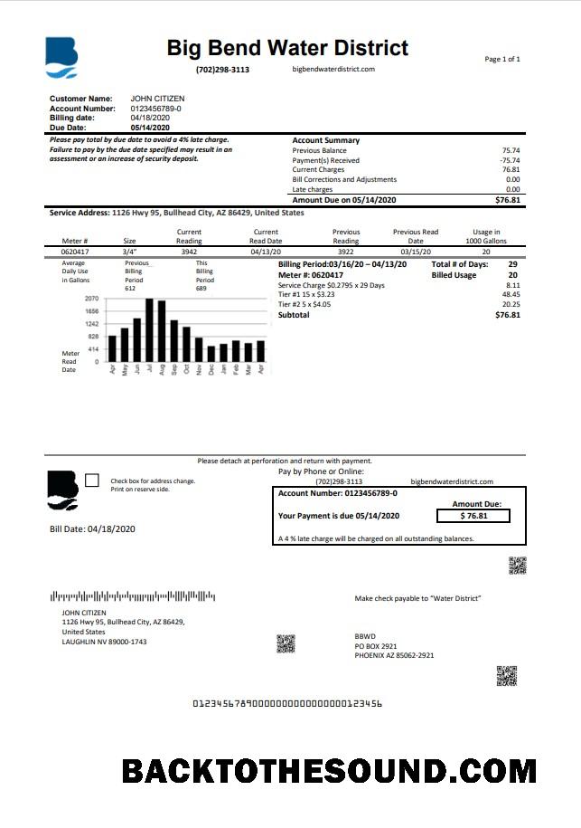 İndir ABD Nevada Big Bend Su District Fatura Fatura in Word and PDF Format Örnek ön izleme