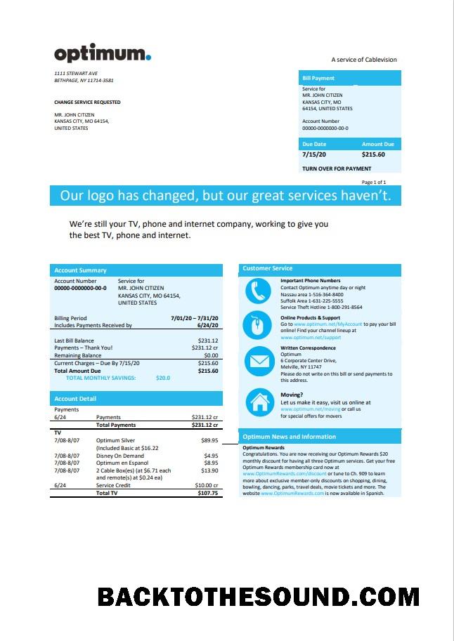 İndir ABD Yeni York Optimum cablevision Fatura in Word and PDF Format Örnek ön izleme