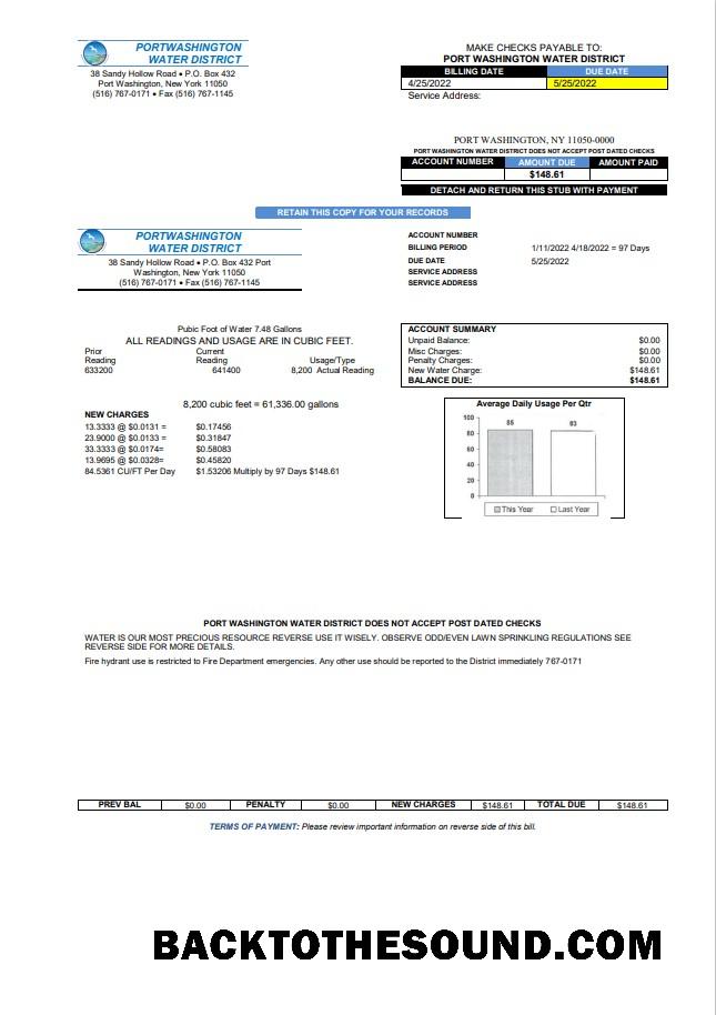 İndir ABD Yeni York Port Washington Su District Fatura Fatura in Word and PDF Format Örnek tasarım