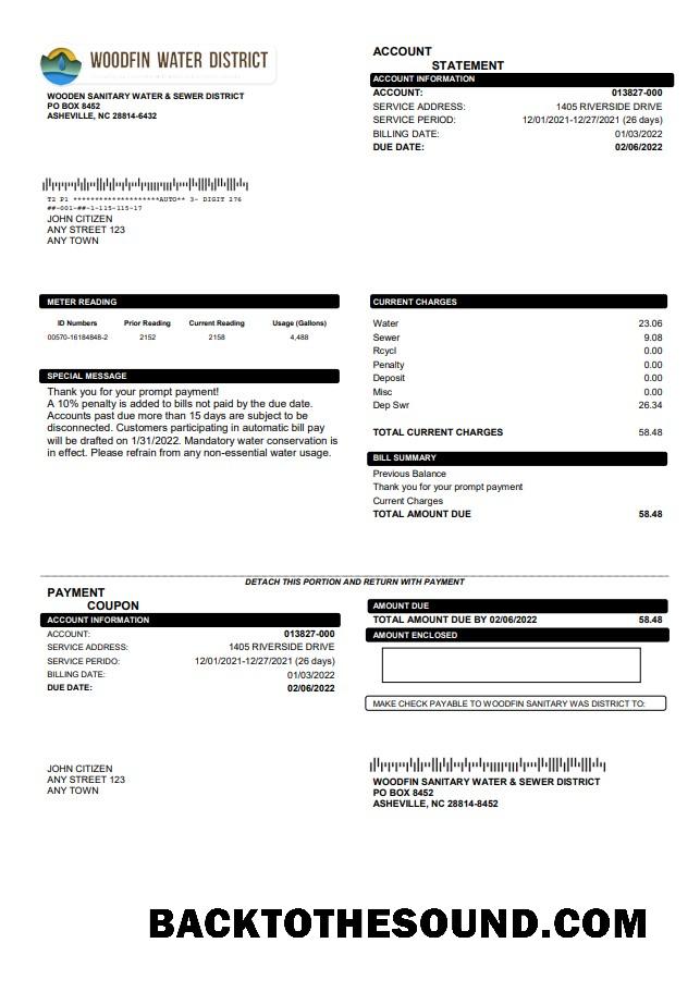 İndir ABD North Carolina Woodfin Sanitary Su & Sewer District Fatura Fatura in Word and PDF Format Örnek ön izleme