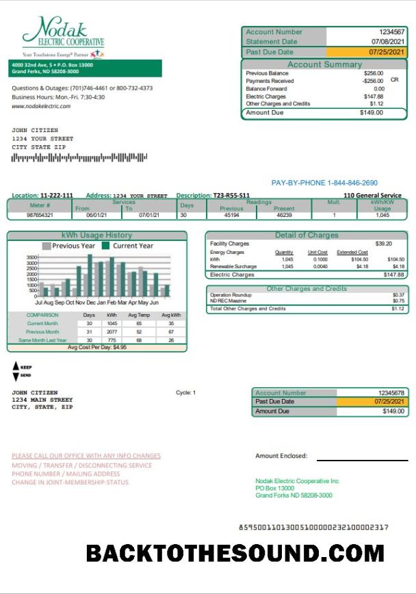 İndir ABD North Dakota Nodak Electric Cooperative Fatura Fatura in Word and PDF Format Örnek ön izleme
