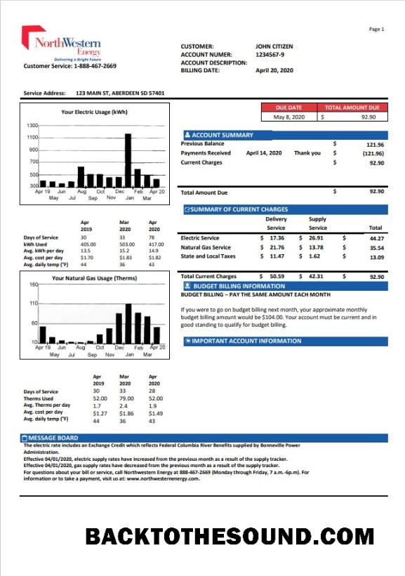 İndir ABD NorthWestern Energy Fatura Fatura in Word and PDF Format, Sürüm 1 Örnek örnek