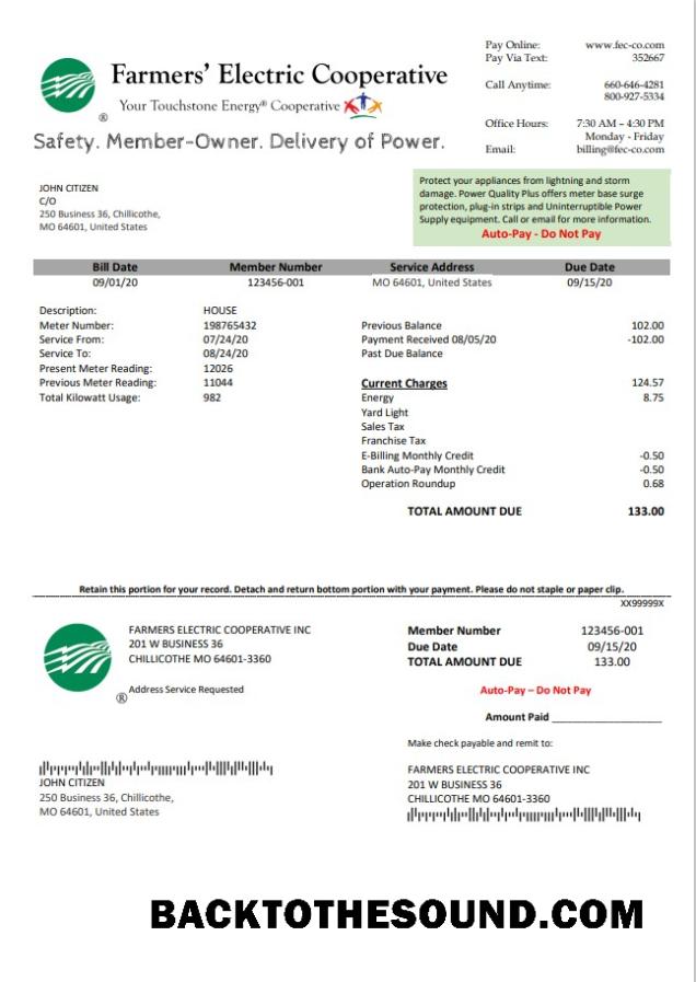 İndir ABD Ohio Farmer’s Electric Cooperative Fatura Fatura in Word an PDF Format Örnek tasarım