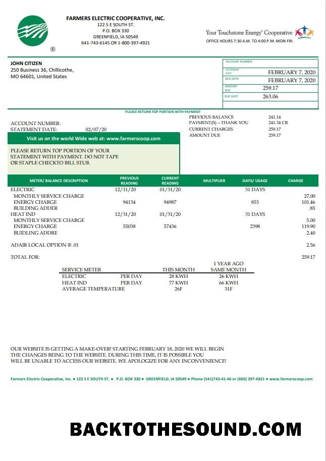 İndir ABD Ohio Farmers Electric Cooperative Fatura Fatura in Word and PDF Format, Sürüm 2 Örnek şablon