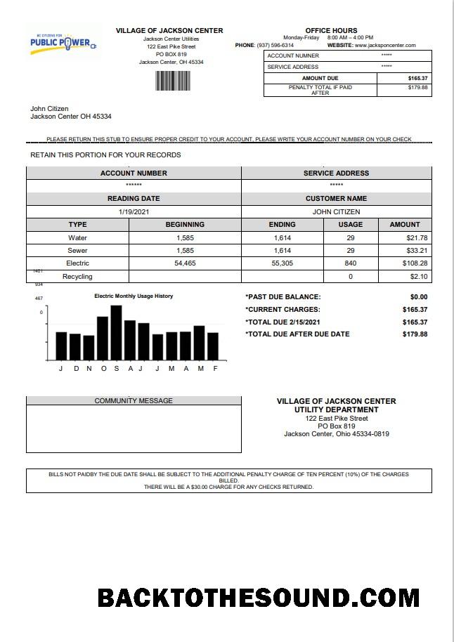 İndir ABD Ohio Village of Jackson Center Public Power Fatura Fatura in Word and PDF Format Örnek ön izleme