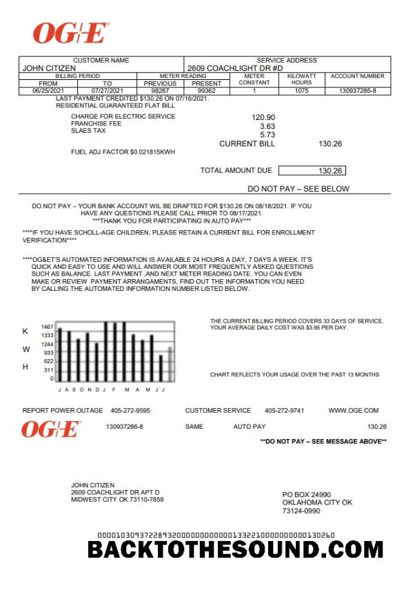 İndir ABD Oklahoma OGE Energy Fatura Fatura in Word and PDF Örnek örnek