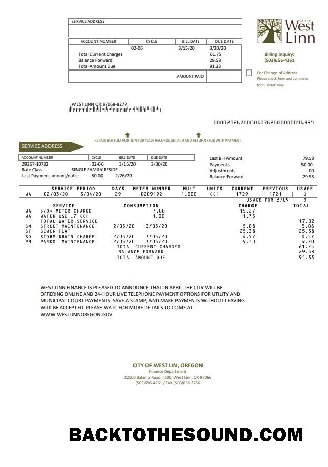 İndir ABD Oregon City of West Linn Fatura Fatura in Word and PDF Format Örnek şablon