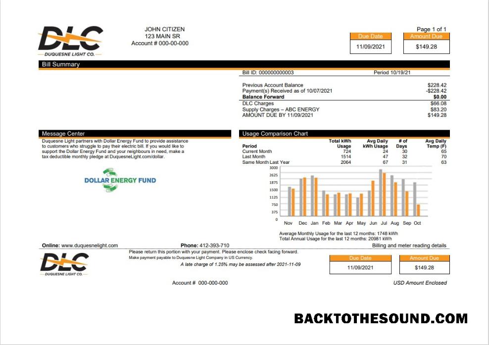 İndir ABD Pennsylvania Duquesne Light Şirket (DLC) Fatura Fatura in Word and PDF Format Örnek ön izleme