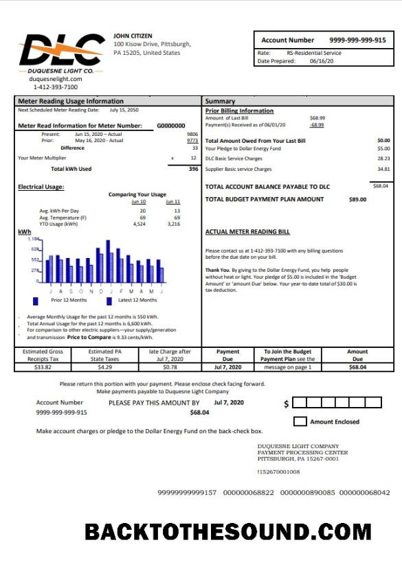 İndir ABD Pennsylvania Duquesne light Fatura Fatura in Word and PDF Format Örnek tasarım