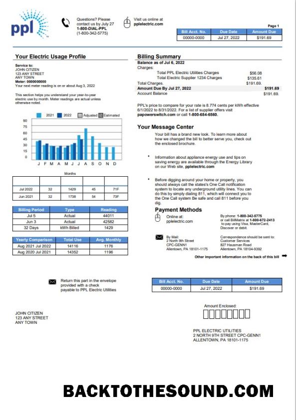 İndir ABD Pennsylvania PPL Electric Fatura Fatura in Word and PDF Format Örnek ön izleme