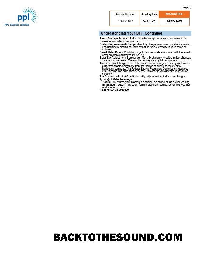 İndir ABD Pennsylvania PPL electric Fatura Fatura, 3 pages 2 Örnek taslak