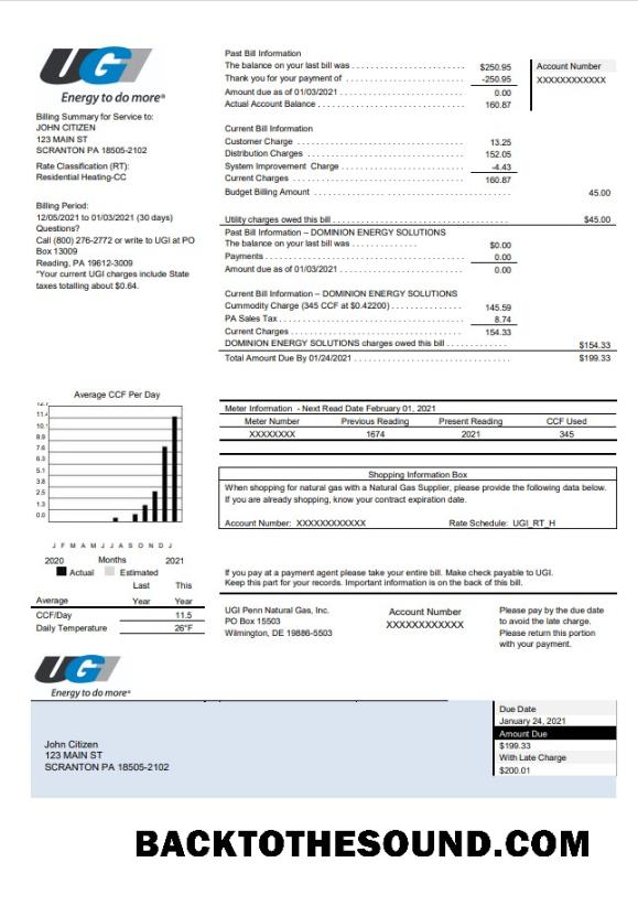 İndir ABD Pennsylvania UGI Utilities Fatura Fatura in Word and PDF Format Örnek ön izleme