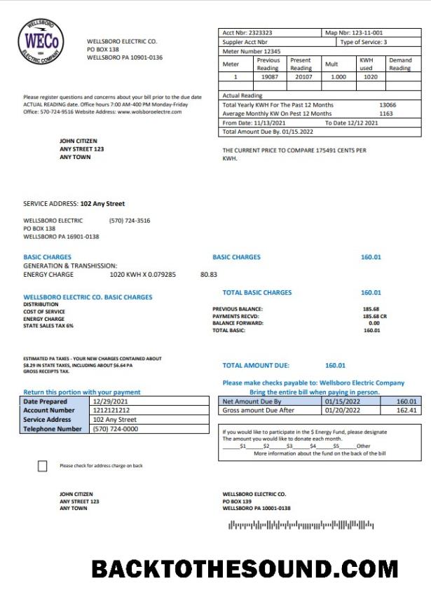 İndir ABD Pennsylvania Wellsboro Electric Fatura Fatura in Word and PDF Format Örnek taslak
