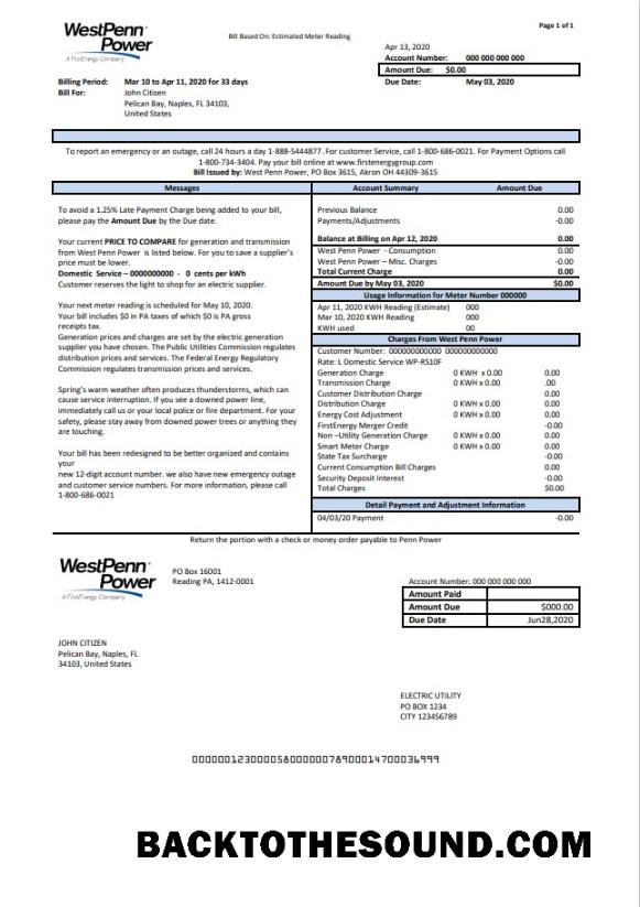 İndir ABD Pennsylvania West Penn Power Fatura Fatura in Word and PDF Format Örnek örnek