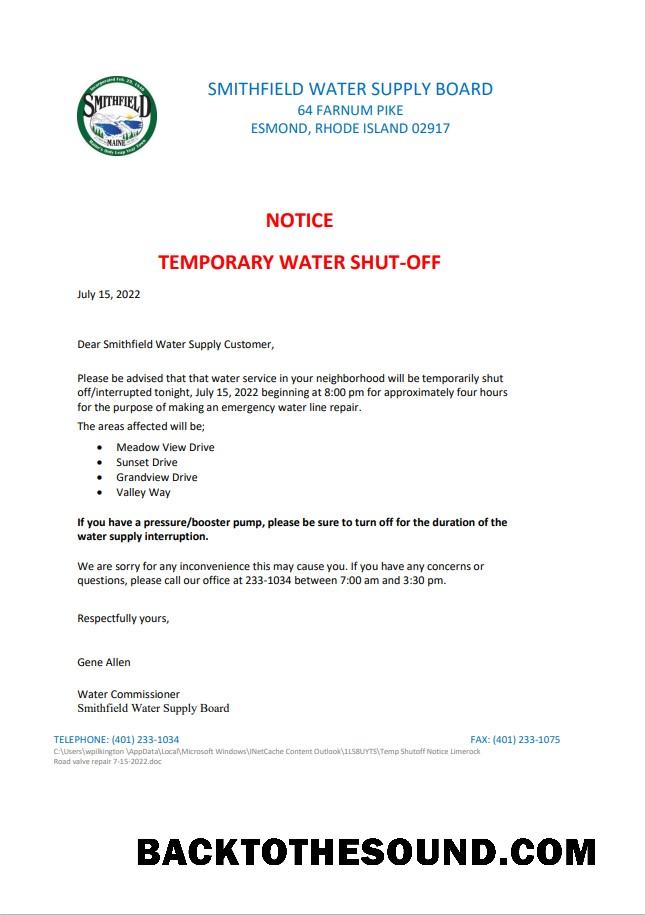 İndir ABD Rhode Island Smithfield Su supply board Su shut off notice, Word and PDF Örnek örnek