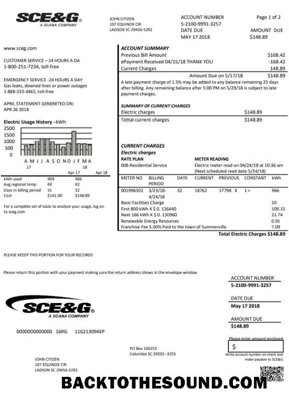 İndir ABD South Carolina SCE&G Elektrik Fatura Fatura in Word and PDF Format Örnek ön izleme