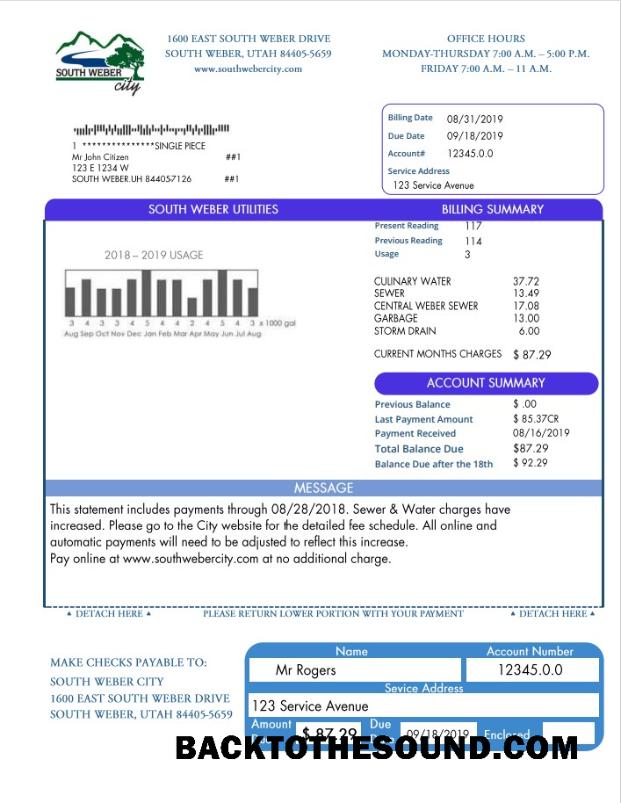 İndir ABD South Weber City Utah Su Fatura Fatura in Word and PDF Format Örnek örnek