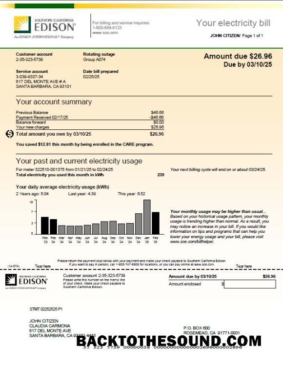 İndir ABD Southern California Edison Fatura Fatura in Word and PDF Formatlar, Sürüm 2 Örnek şablon