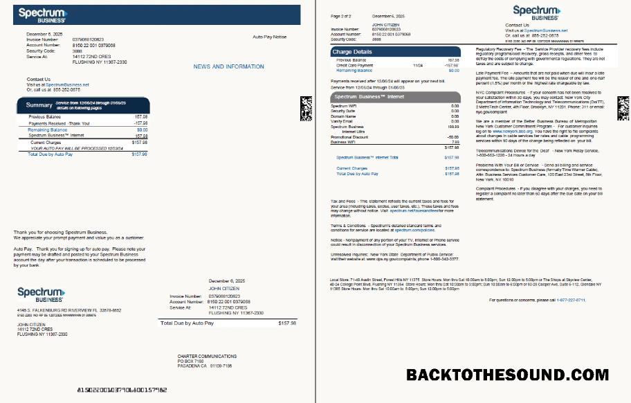 İndir ABD Spectrum Kurumsal Fatura Fatura in Word and PDF Formatlar, 2 pages, Sürüm 2 Örnek örnek