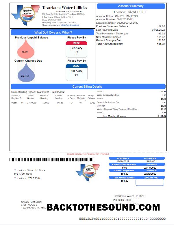 İndir ABD TEXARKANA Su UTILITIES Fatura Fatura Word and PDF Örnek ön izleme