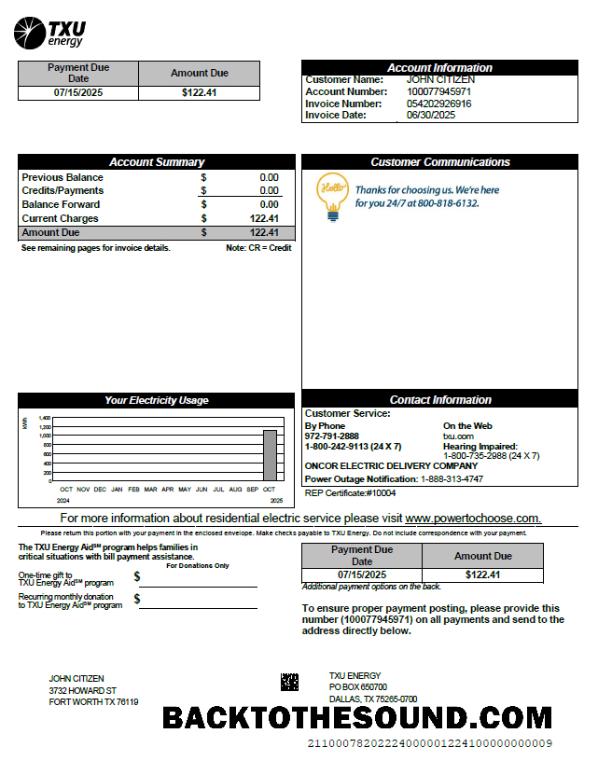 İndir ABD TXU Energy Fatura Fatura in Word and PDF Formatlar, Sürüm 2 Örnek taslak