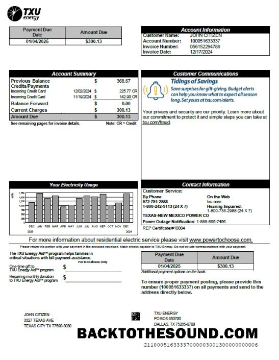 İndir ABD TXU Energy Fatura Fatura in Word and PDF Formatlar, Sürüm 3 Örnek ön izleme