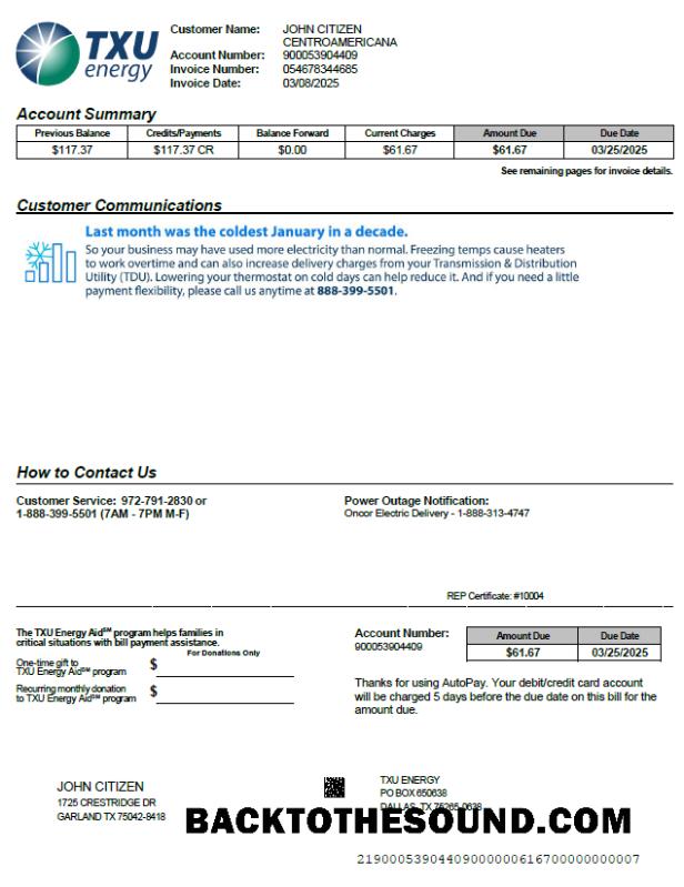 İndir ABD TXU Energy Fatura Fatura in Word and PDF Formatlar, Sürüm 4 Örnek taslak