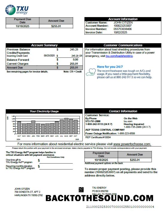 İndir ABD TXU Energy Fatura Fatura in Word and PDF Formatlar, Sürüm 5 Örnek şablon