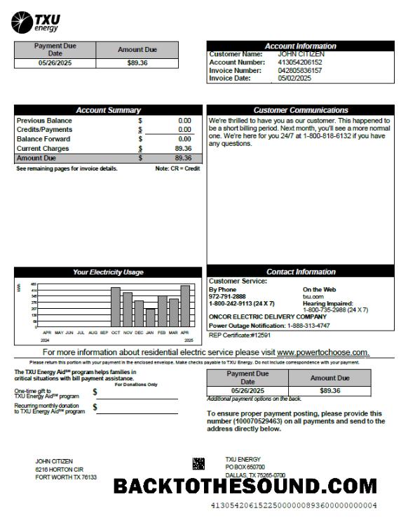 İndir ABD TXU Energy Fatura Fatura in Word and PDF Formatlar, Sürüm 6 Örnek taslak