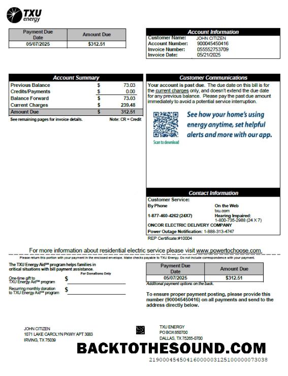 İndir ABD TXU Energy Fatura Fatura in Word and PDF Formatlar, Sürüm 7 Örnek ön izleme