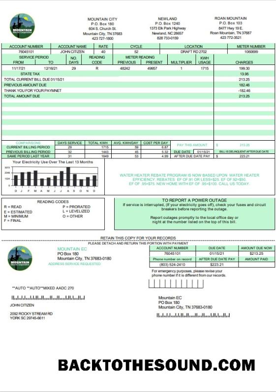 İndir ABD Tennessee Mountain Electric Cooperative, Inc. (MEC) Fatura Fatura in Word and PDF Format Örnek şablon