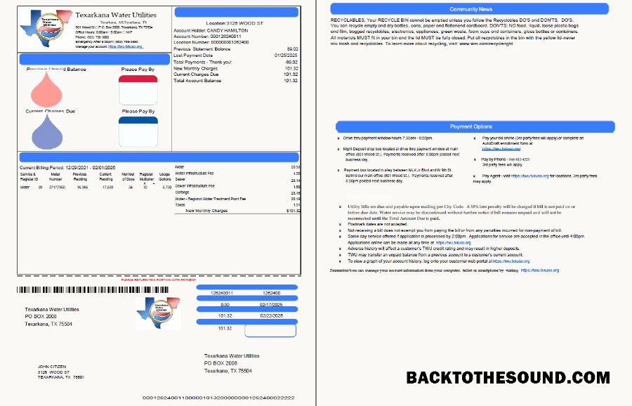 İndir ABD Texarkana Su utilities Fatura Fatura in Word and PDF Formatlar, 2 pages Örnek şablon