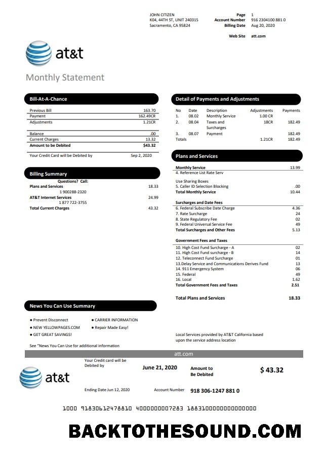 İndir ABD Texas AT&T easy to fill Fatura Fatura in Word and PDF Format Örnek şablon