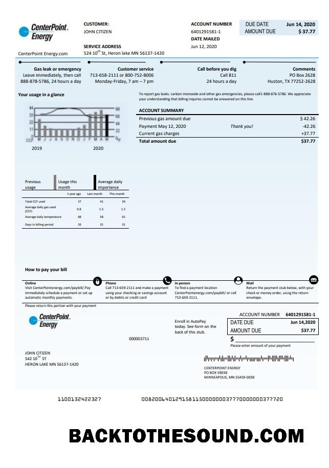 İndir ABD Texas Center Point Energy Fatura Fatura in Word and PDF Format Örnek ön izleme