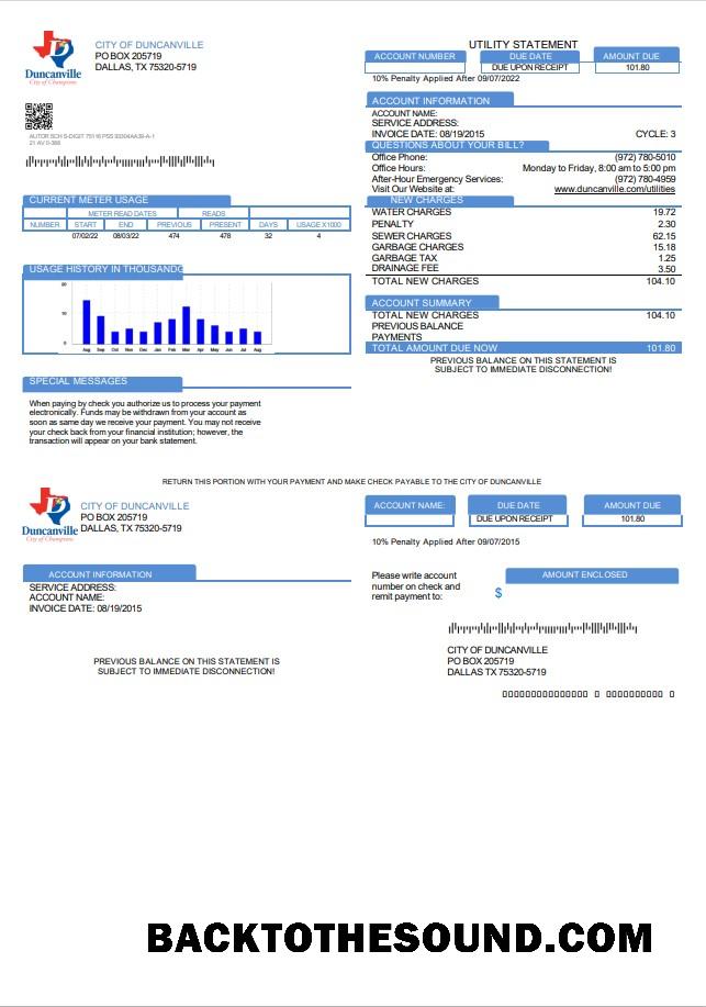 İndir ABD Texas City of Duncanville Fatura Fatura in Word and PDF Format Örnek ön izleme