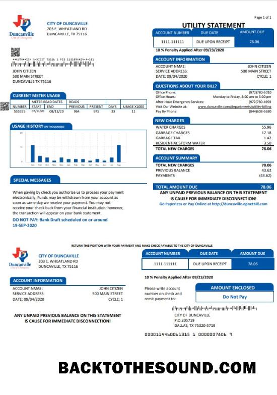 İndir ABD Texas City of Duncanville Su, sewer, garbage Fatura Fatura in Word and PDF Format Örnek örnek
