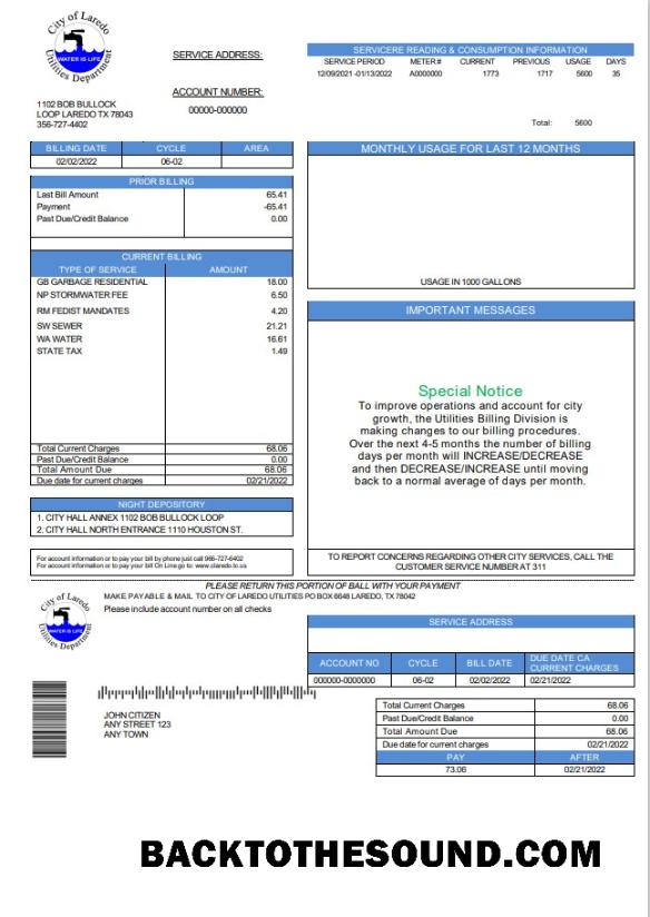 İndir ABD Texas City of Laredo Utilities Department Su Fatura Fatura in Word and PDF Format Örnek ön izleme