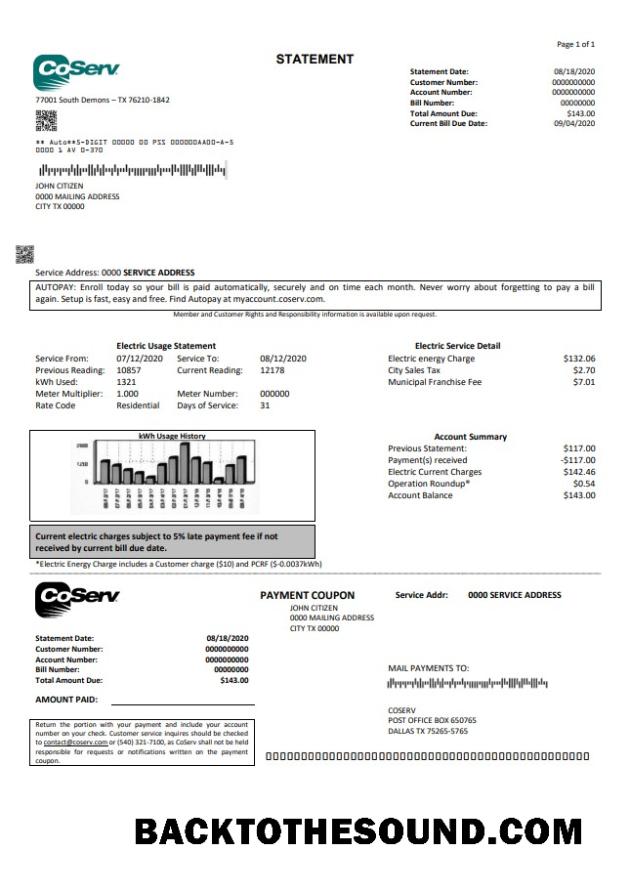 İndir ABD Texas CoServ Fatura Fatura in Word and PDF Format Örnek ön izleme