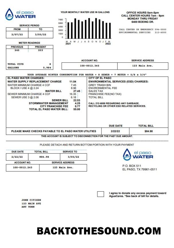 İndir ABD Texas El Paso Su Fatura Fatura in Word and PDF Format Örnek şablon
