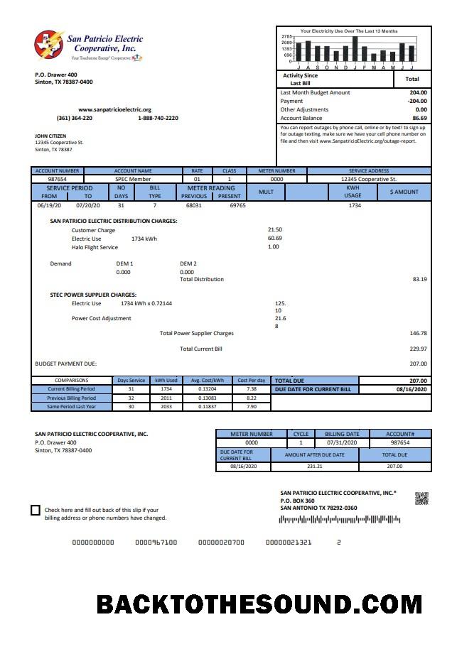 İndir ABD Texas San Patricio Electric Corporative Fatura Fatura in Word and PDF (.doc and .PDF) Format Örnek tasarım