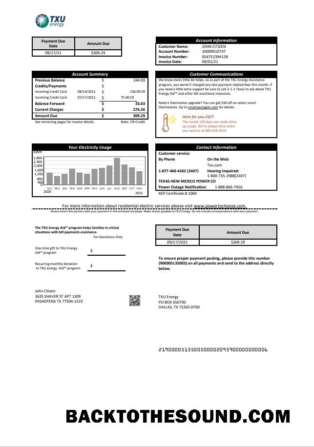 İndir ABD Texas TXU Energy Fatura Fatura in Word and PDF Format Örnek tasarım