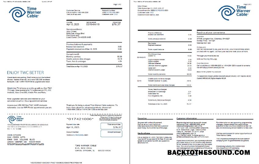 İndir ABD Time Warner Cable Fatura Fatura in Word and PDF Formatlar, 2 pages Örnek şablon