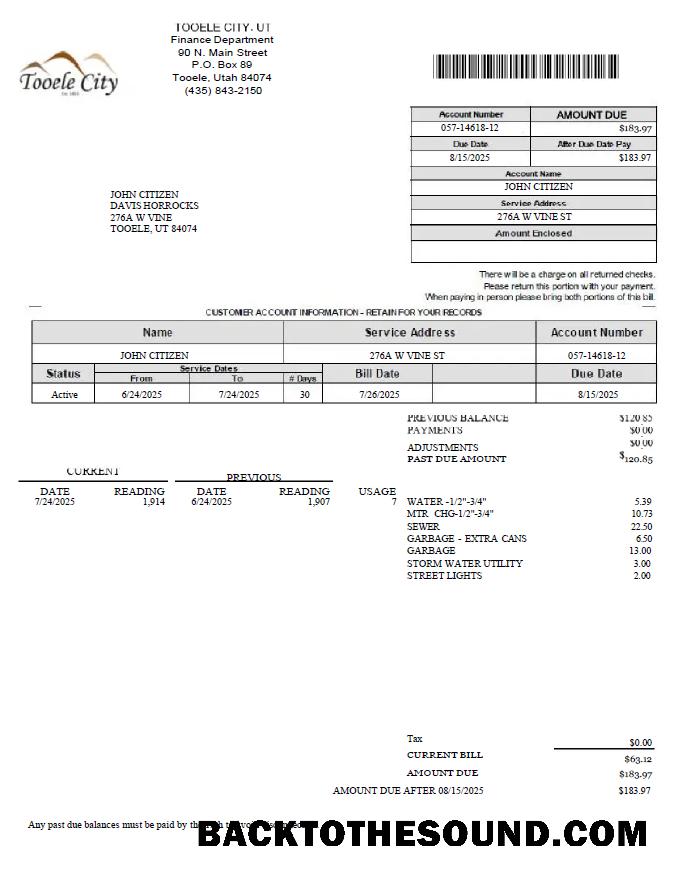 İndir ABD Tooele city Fatura Fatura in Word and PDF Formatlar Örnek şablon